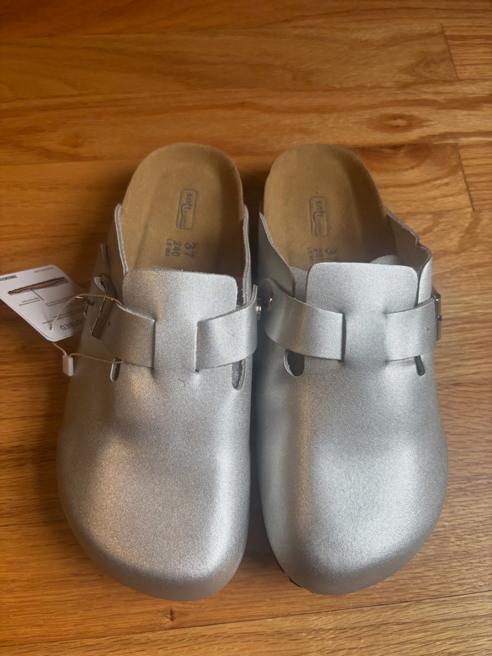 Birkenstock Silver Metallic Two-Strap Clogs -w7